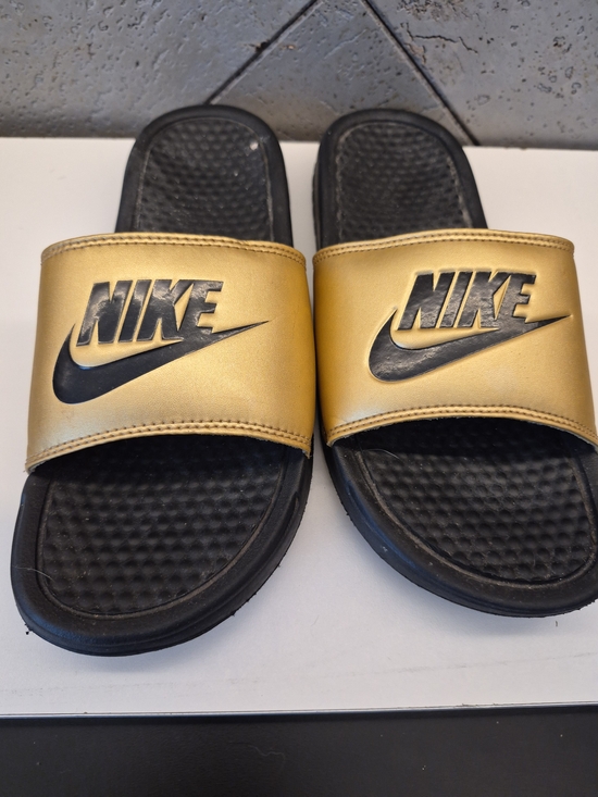 Nike Shoes - Nike Benassi Just Do It Gold Metallic & Black Slide Sandals, 343881014, Size 8